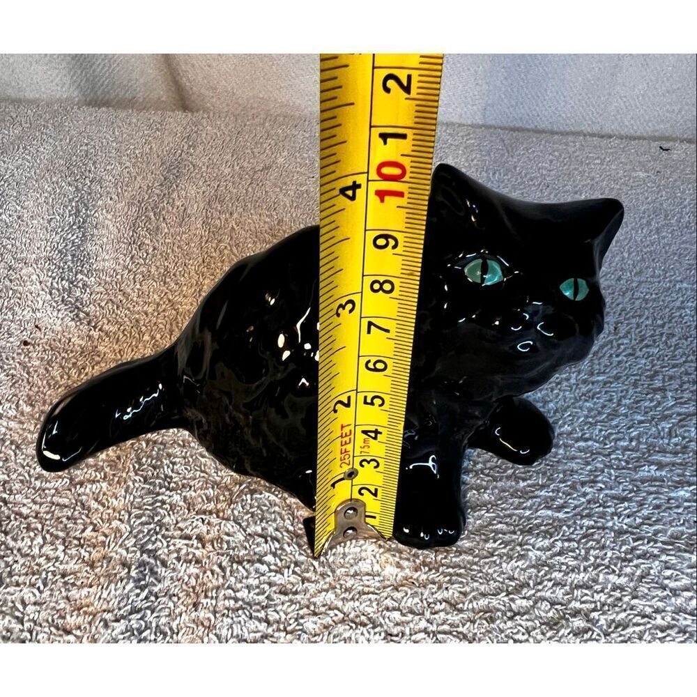 Vintage Glossy Black Cat with Green Eyes Ceramic Figurine Unmarked - Picture 7 of 7